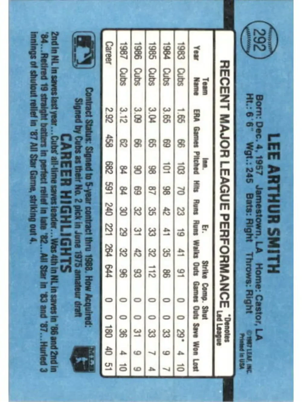 1988 Lee Smith Donruss Baseball Card #292